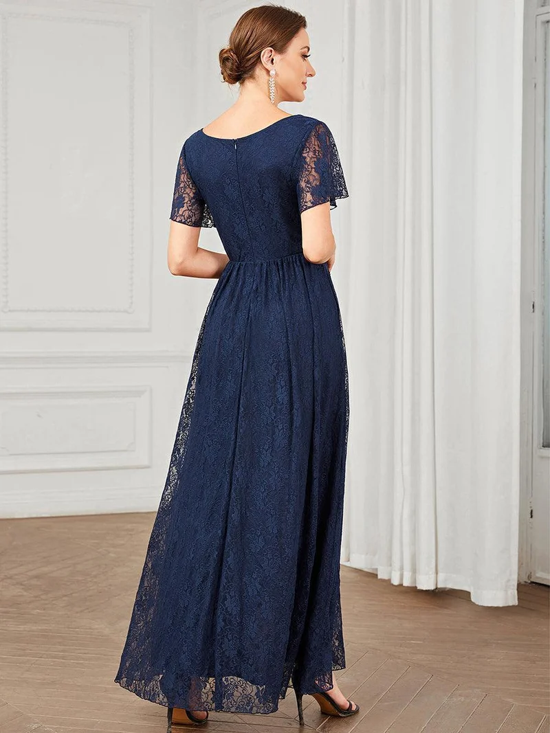 ever ELISE|Robe d'invité en dentelle plissée à manches courtes et col V