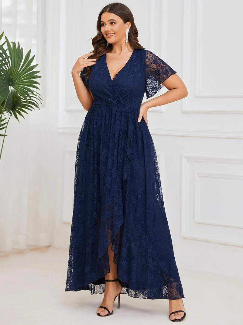 ever ELISE|Robe d'invité en dentelle plissée à manches courtes et col V