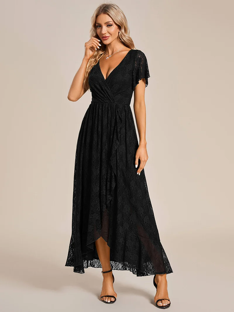 ever ELISE|Robe de soirée longue plissée à col en V avec volants en dentelle élégante