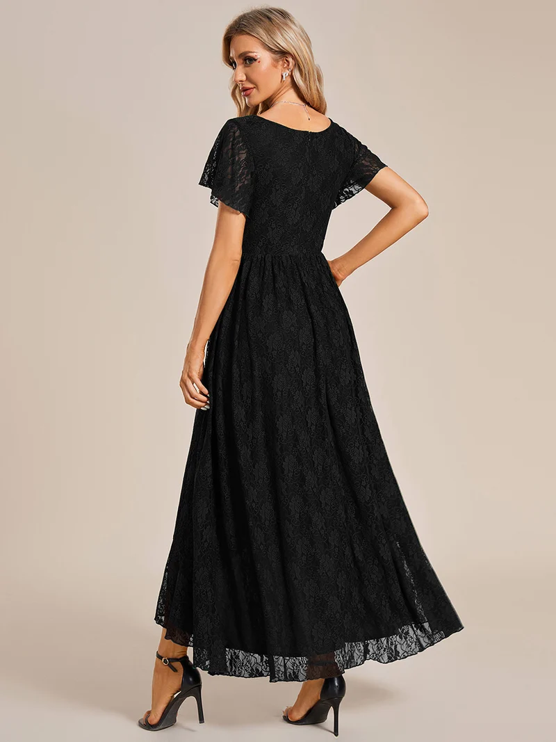 ever ELISE|Robe de soirée longue plissée à col en V avec volants en dentelle élégante