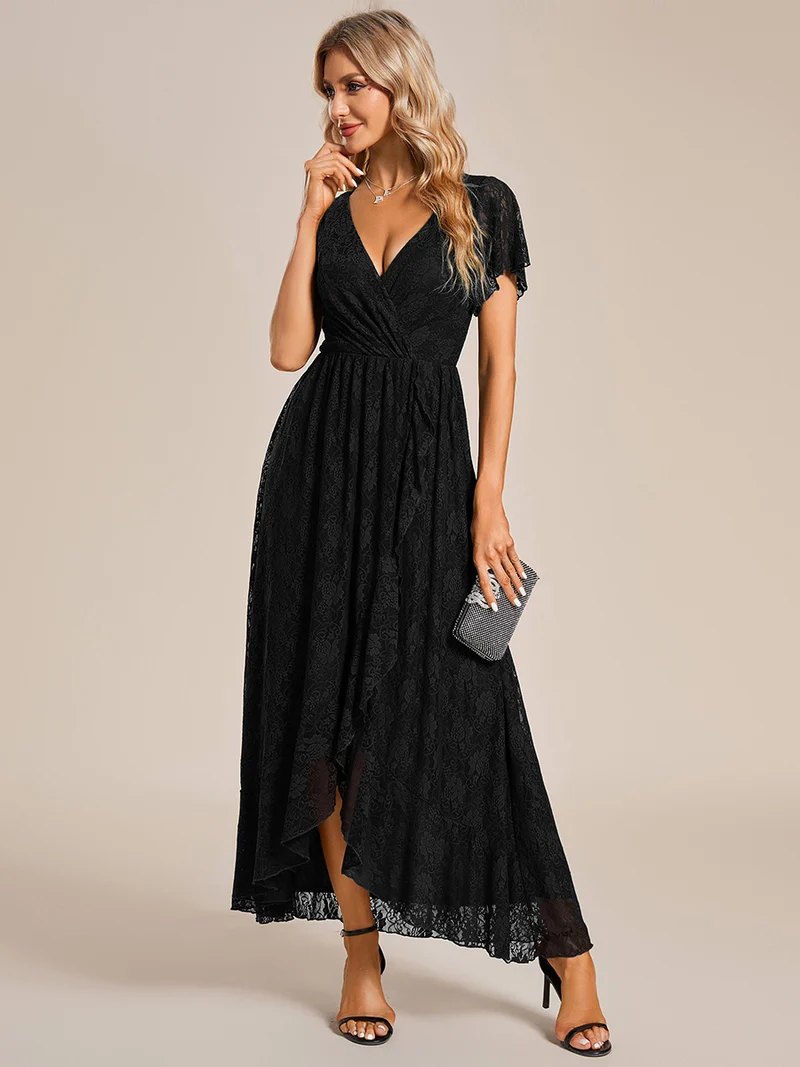 ever ELISE|Robe de soirée longue plissée à col en V avec volants en dentelle élégante