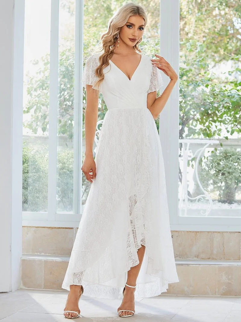 ever ELISE|Robe d'invité en dentelle plissée à manches courtes et col V