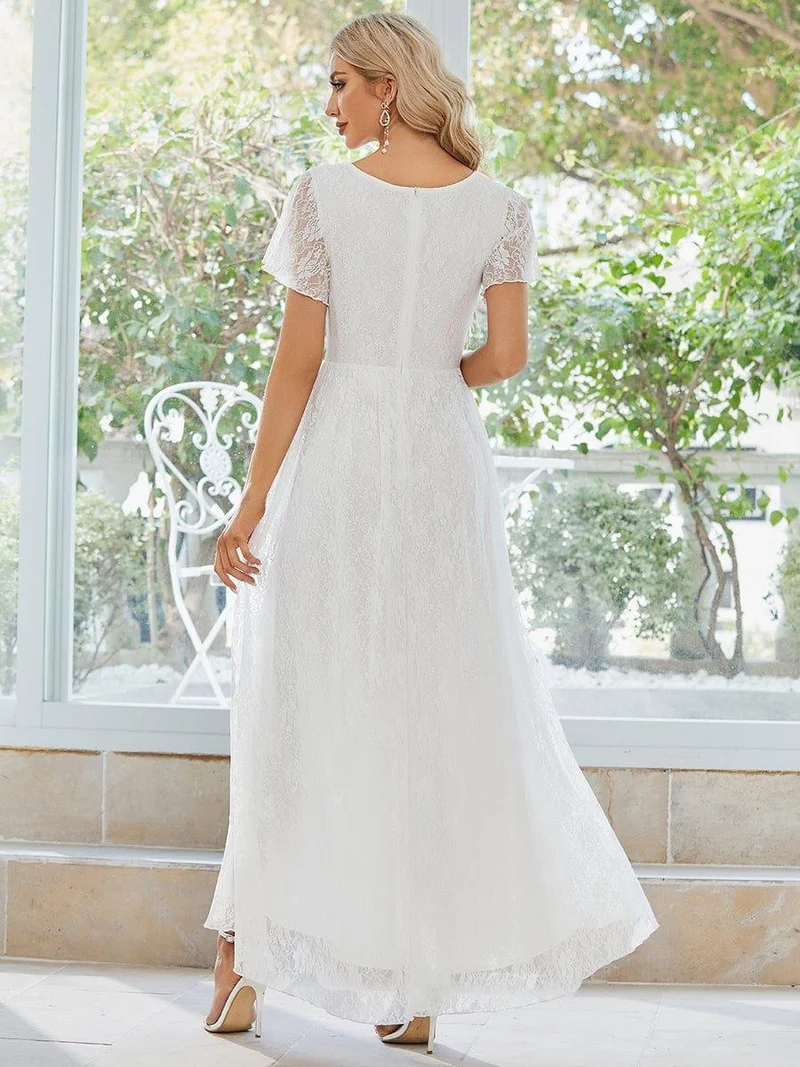 ever ELISE|Robe d'invité en dentelle plissée à manches courtes et col V