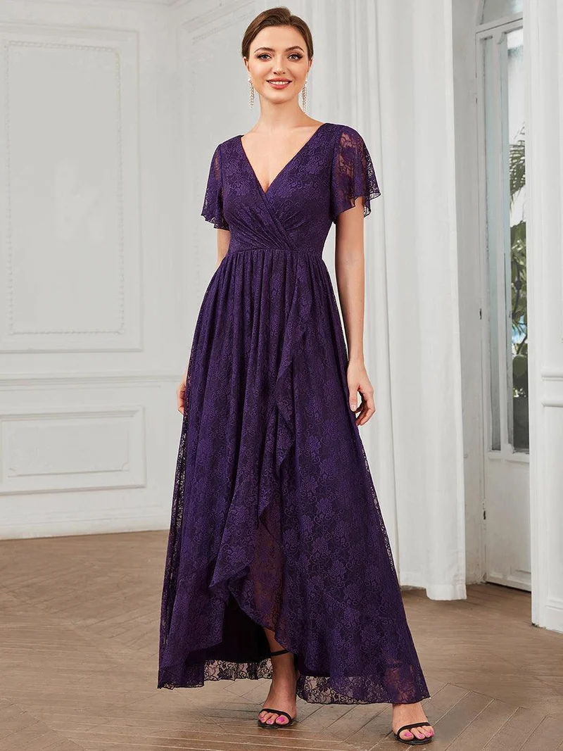 ever ELISE|Robe d'invité en dentelle plissée à manches courtes et col V
