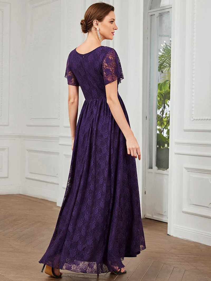 ever ELISE|Robe d'invité en dentelle plissée à manches courtes et col V
