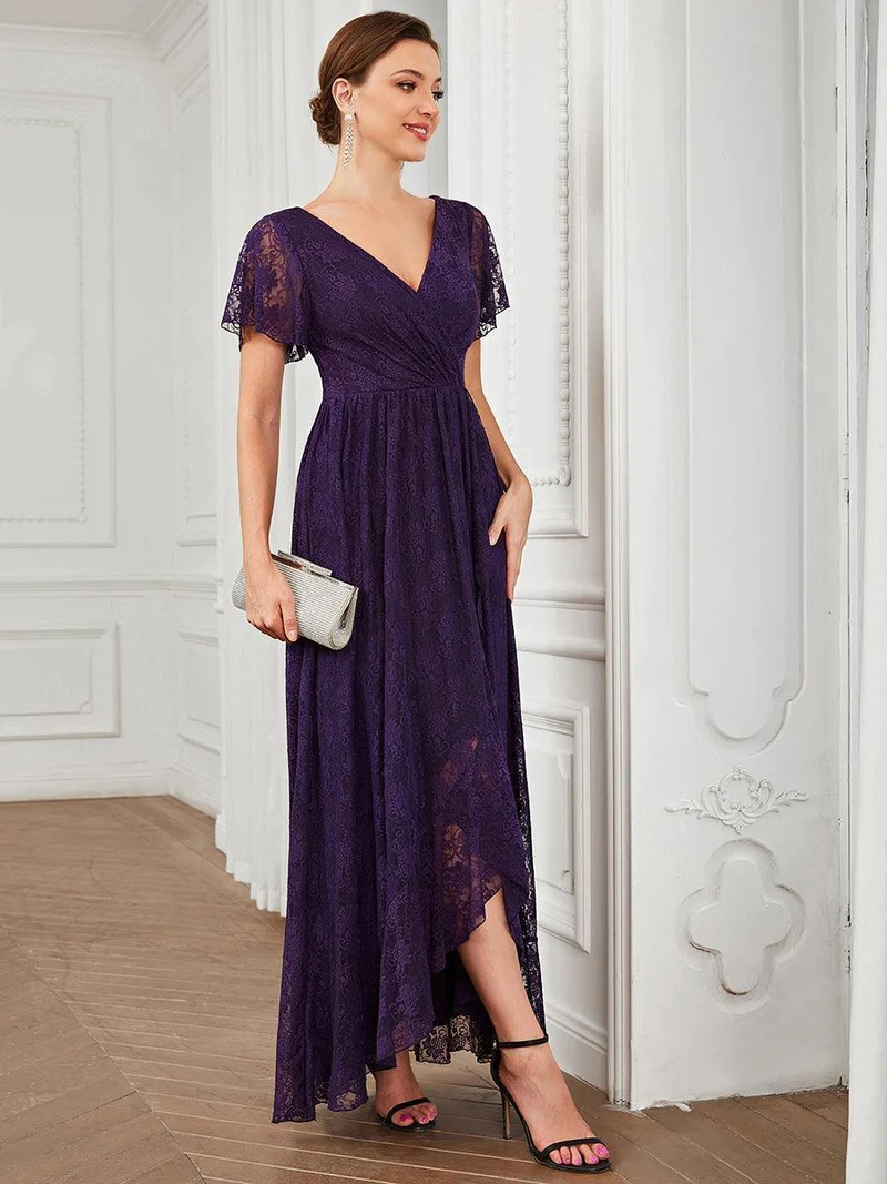 ever ELISE|Robe d'invité en dentelle plissée à manches courtes et col V
