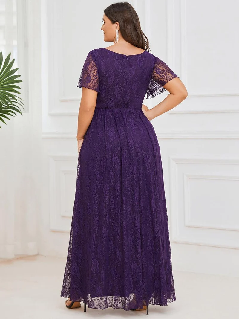 ever ELISE|Robe d'invité en dentelle plissée à manches courtes et col V