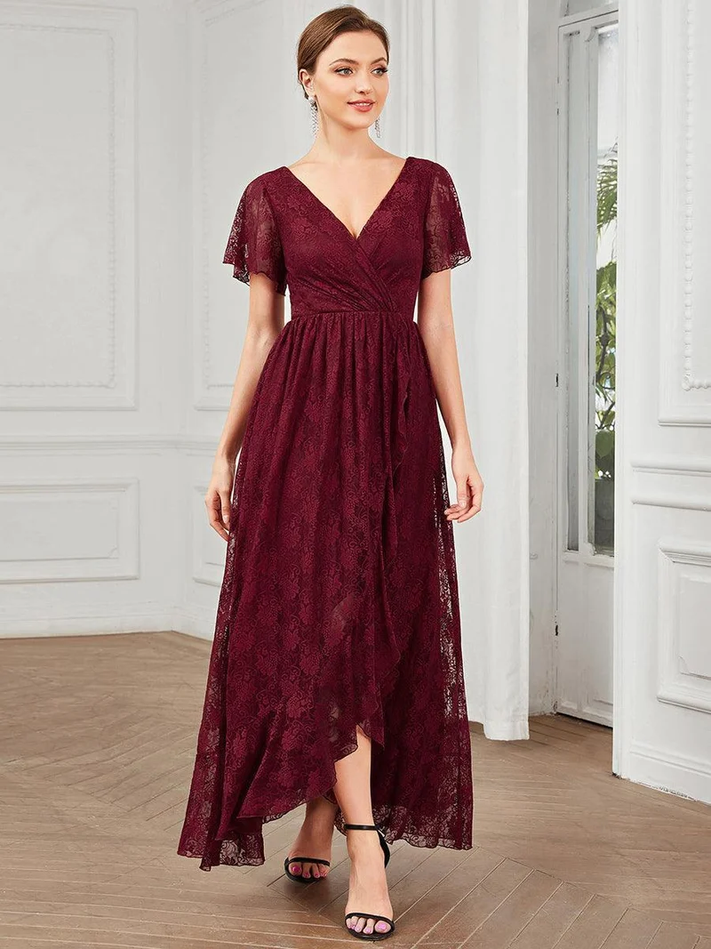 ever ELISE|Robe d'invité en dentelle plissée à manches courtes et col V