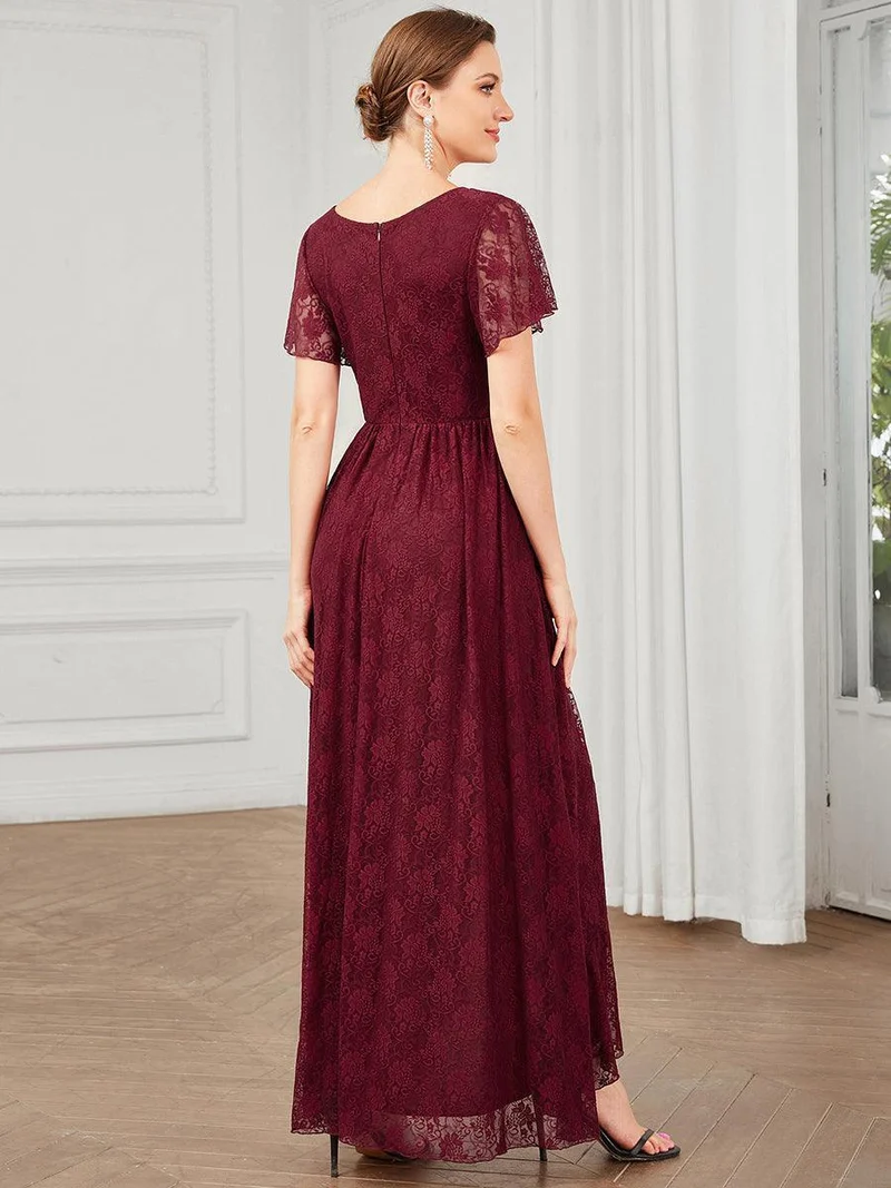 ever ELISE|Robe d'invité en dentelle plissée à manches courtes et col V