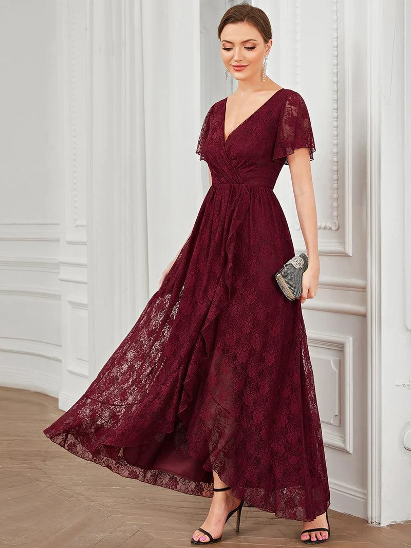 ever ELISE|Robe d'invité en dentelle plissée à manches courtes et col V