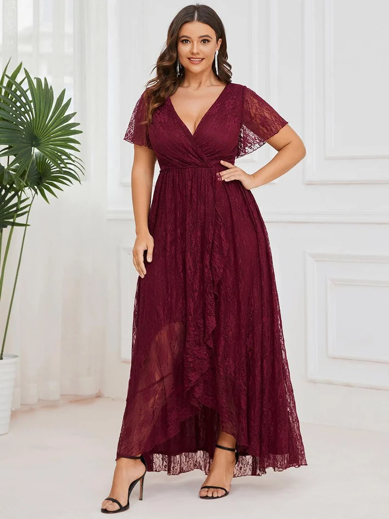ever ELISE|Robe d'invité en dentelle plissée à manches courtes et col V