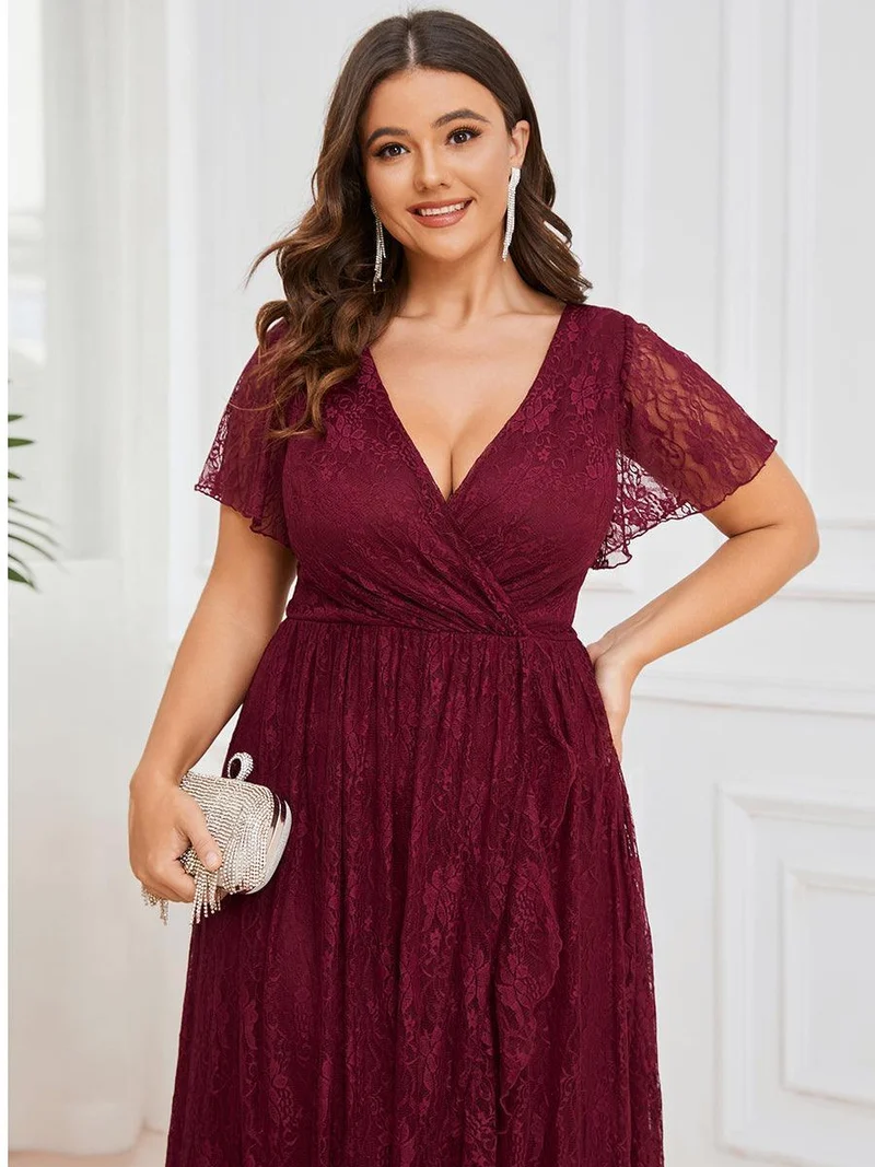 ever ELISE|Robe d'invité en dentelle plissée à manches courtes et col V