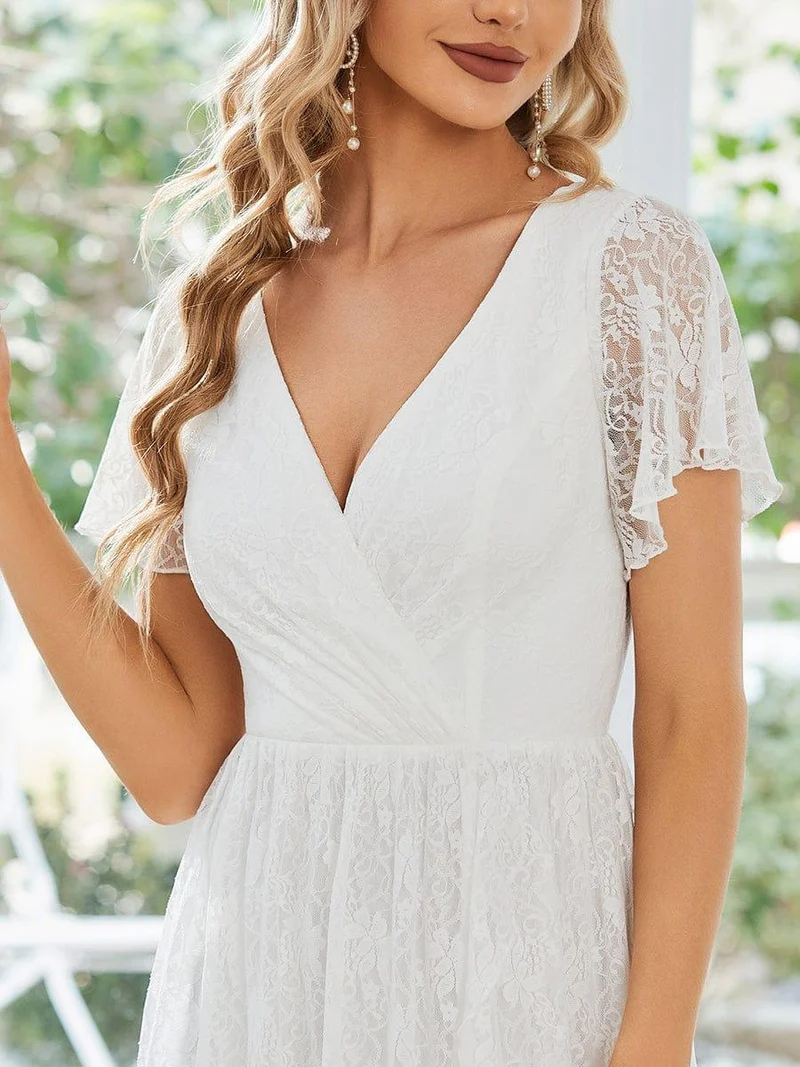 ever ELISE|Robe d'invité en dentelle plissée à manches courtes et col V