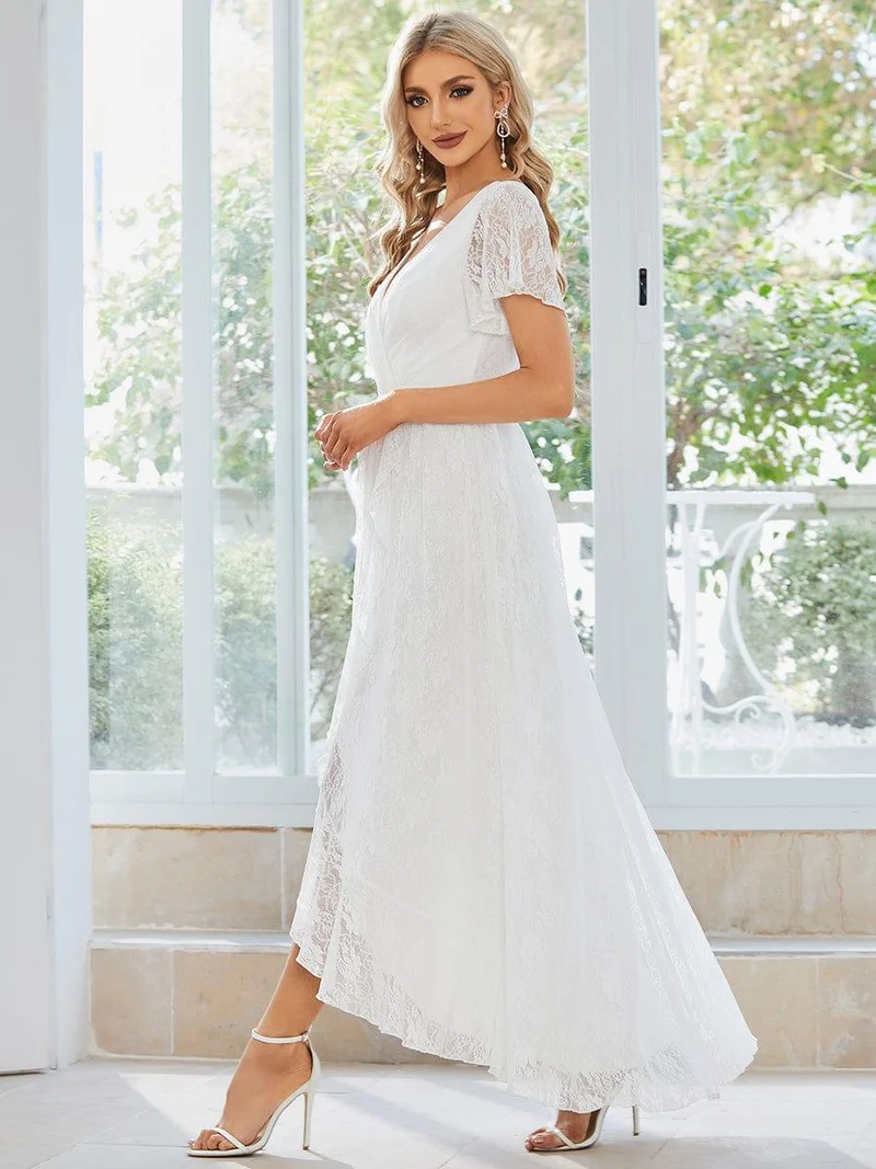 ever ELISE|Robe d'invité en dentelle plissée à manches courtes et col V