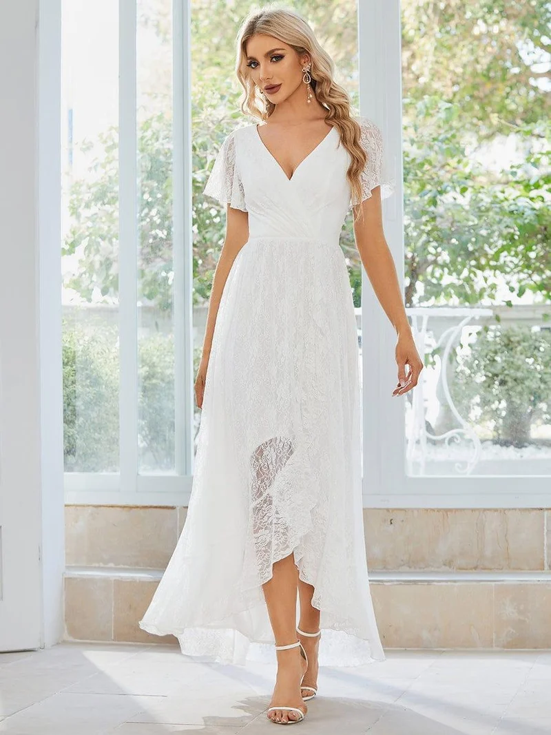 ever ELISE|Robe d'invité en dentelle plissée à manches courtes et col V