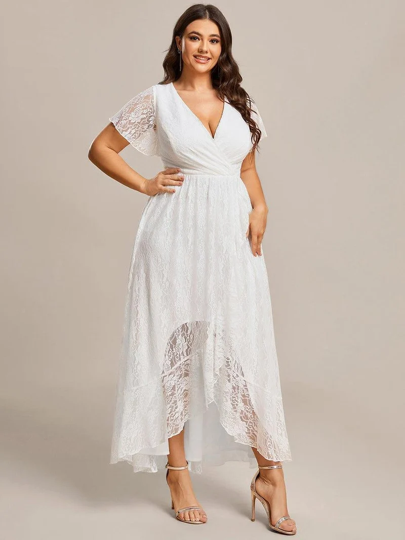 ever ELISE|Robe d'invité en dentelle plissée à manches courtes et col V