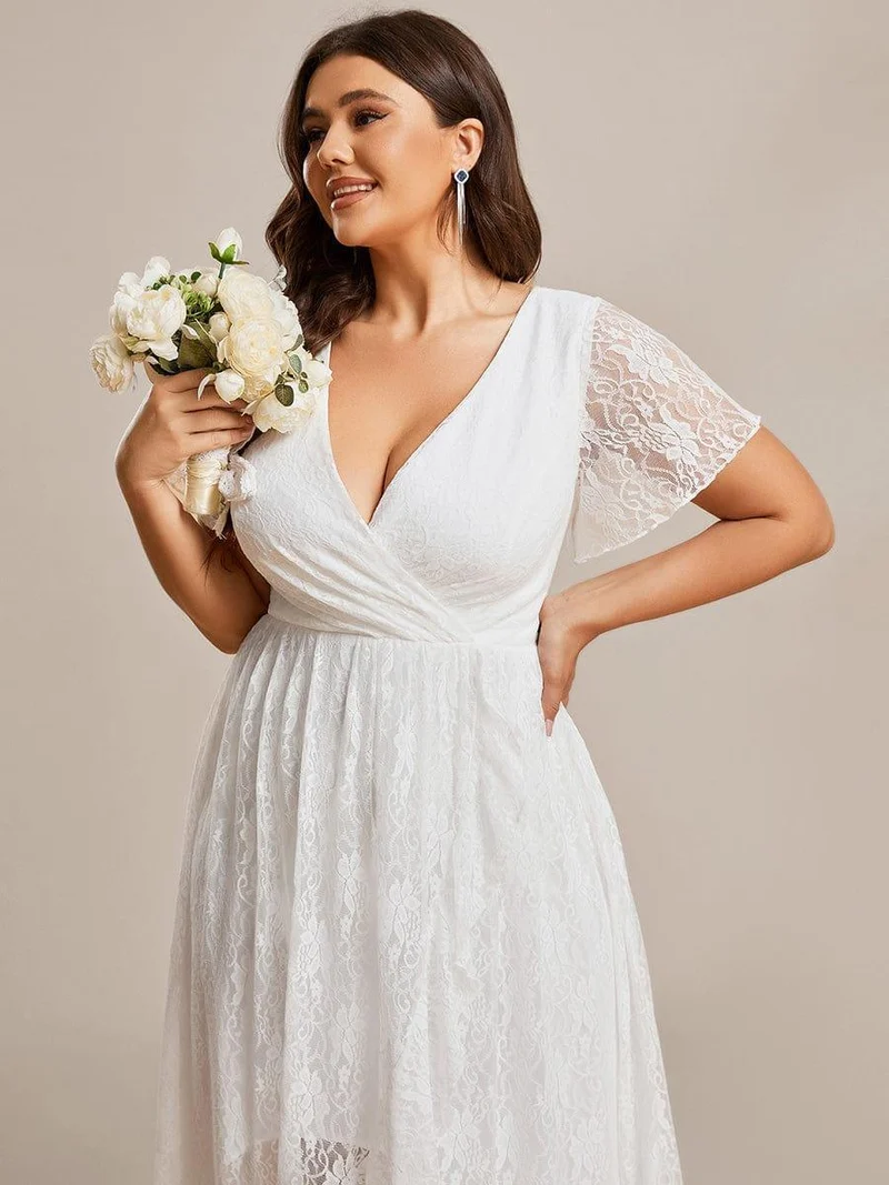ever ELISE|Robe d'invité en dentelle plissée à manches courtes et col V