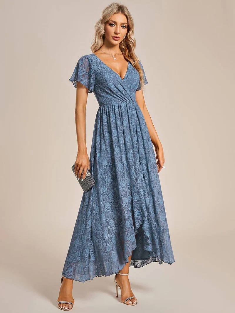 ever ELISE|Robe d'invité en dentelle plissée à manches courtes et col V