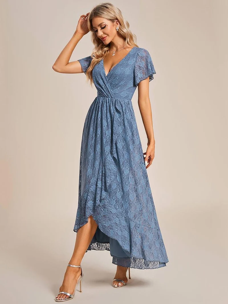 ever ELISE|Robe d'invité en dentelle plissée à manches courtes et col V
