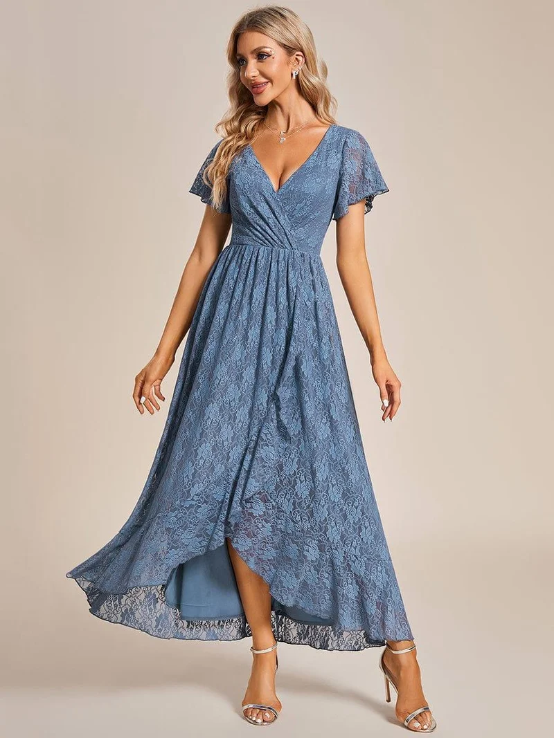 ever ELISE|Robe d'invité en dentelle plissée à manches courtes et col V