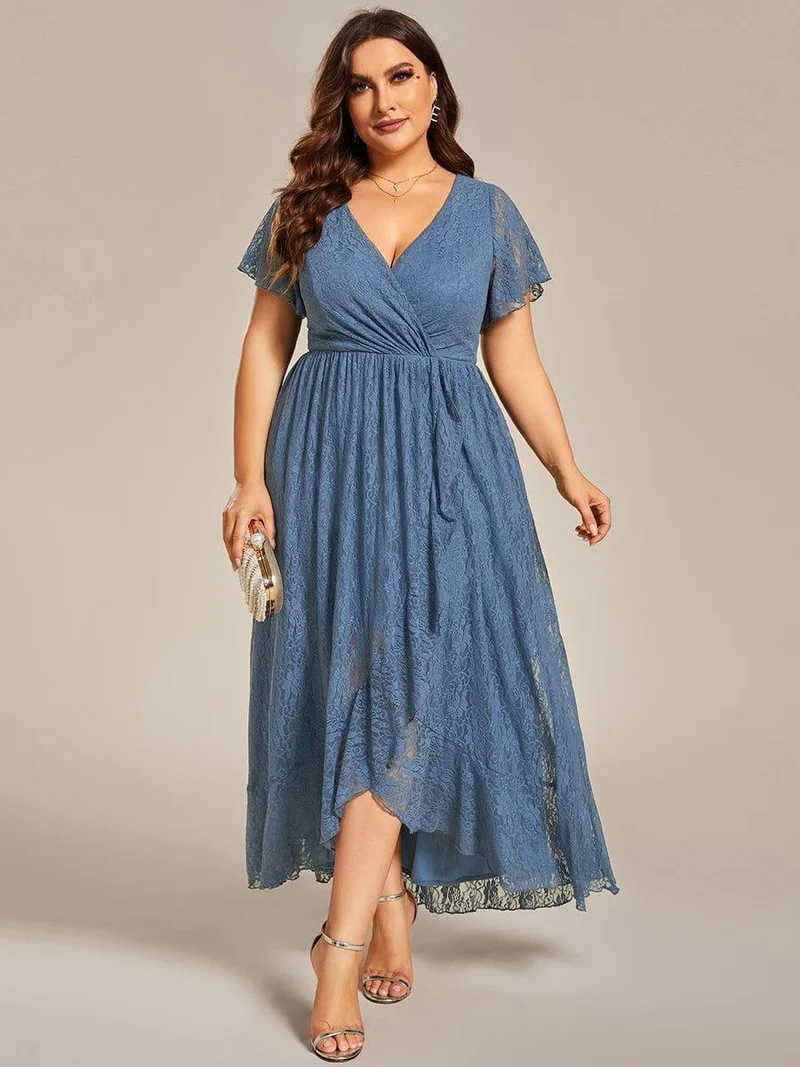 ever ELISE|Robe d'invité en dentelle plissée à manches courtes et col V
