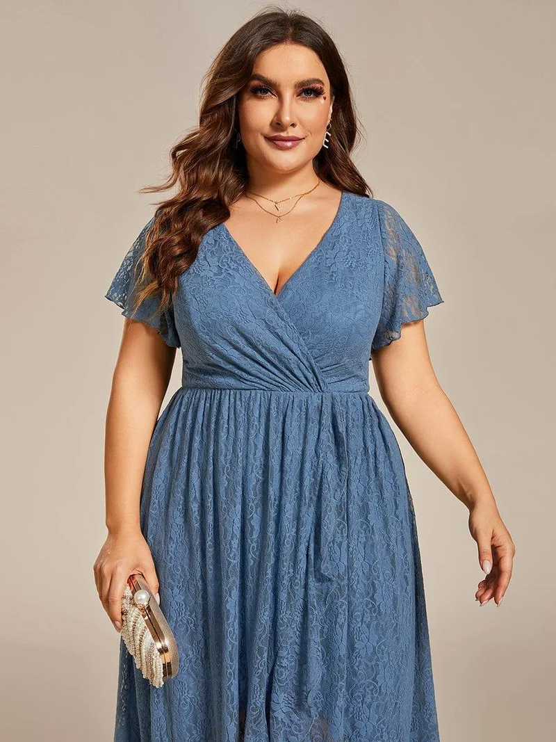ever ELISE|Robe d'invité en dentelle plissée à manches courtes et col V