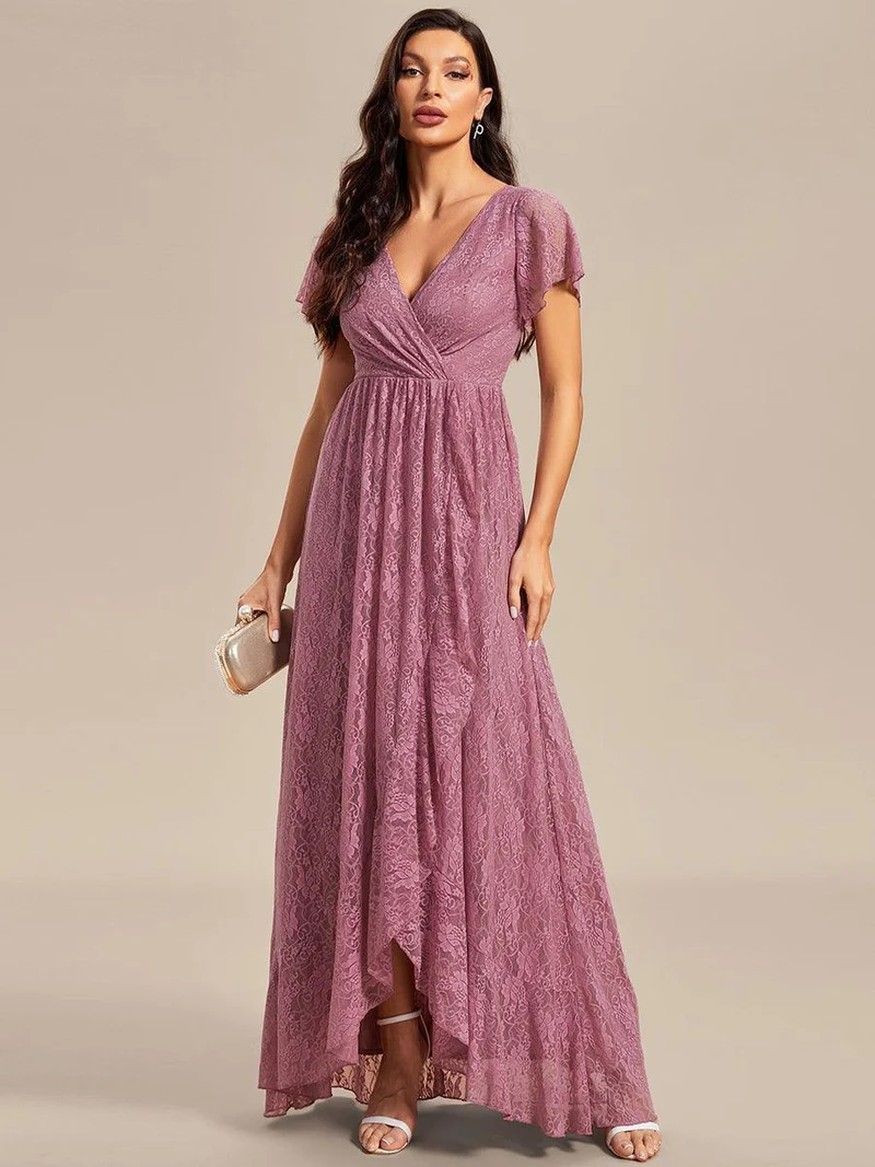 ever ELISE|Robe d'invité en dentelle plissée à manches courtes et col V