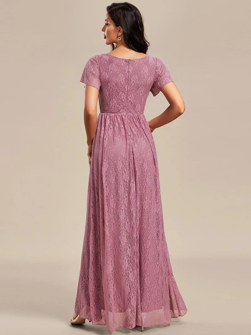 ever ELISE|Robe d'invité en dentelle plissée à manches courtes et col V