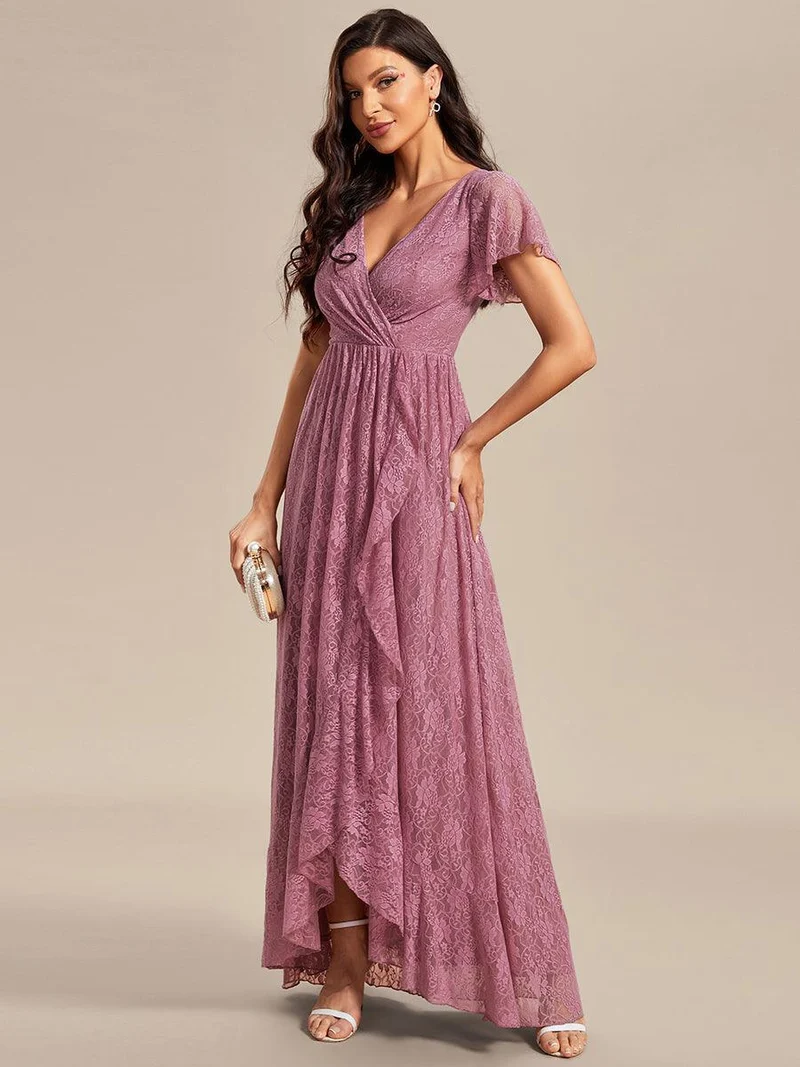 ever ELISE|Robe d'invité en dentelle plissée à manches courtes et col V