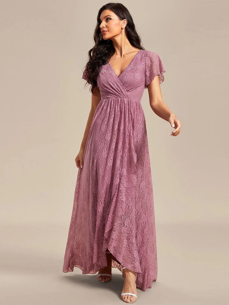 ever ELISE|Robe d'invité en dentelle plissée à manches courtes et col V