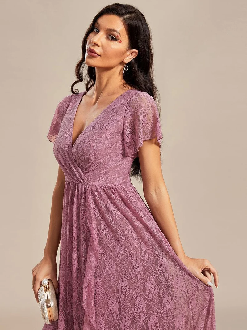 ever ELISE|Robe d'invité en dentelle plissée à manches courtes et col V