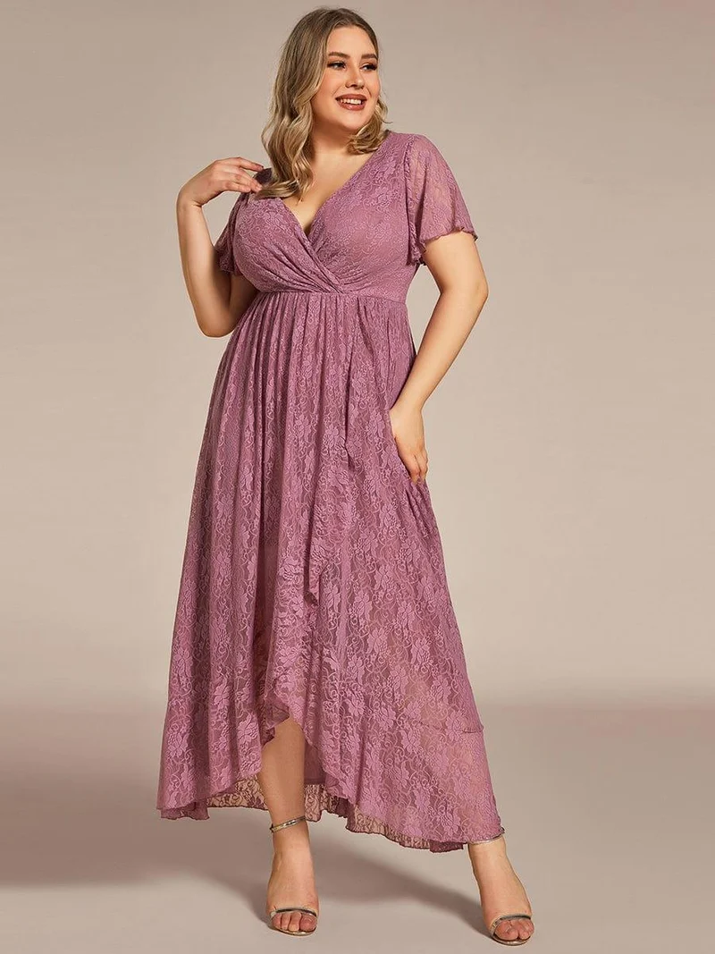 ever ELISE|Robe d'invité en dentelle plissée à manches courtes et col V