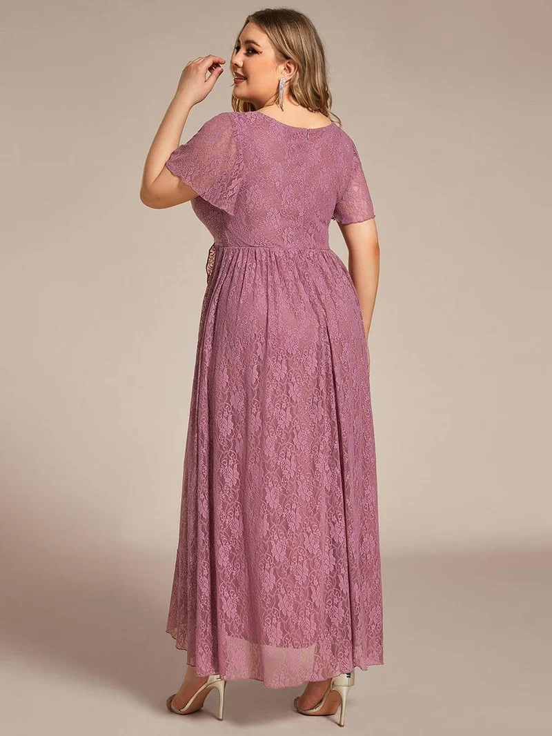 ever ELISE|Robe d'invité en dentelle plissée à manches courtes et col V
