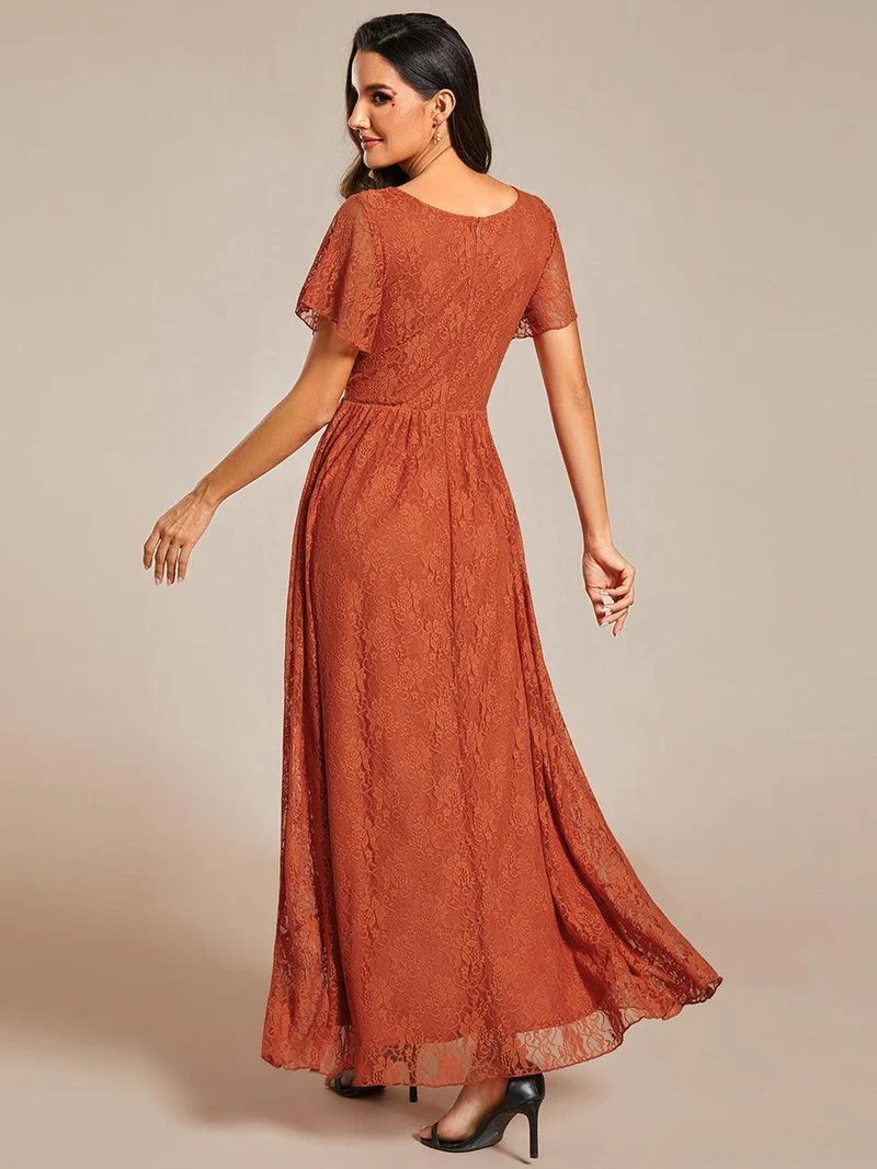ever ELISE|Robe d'invité en dentelle plissée à manches courtes et col V