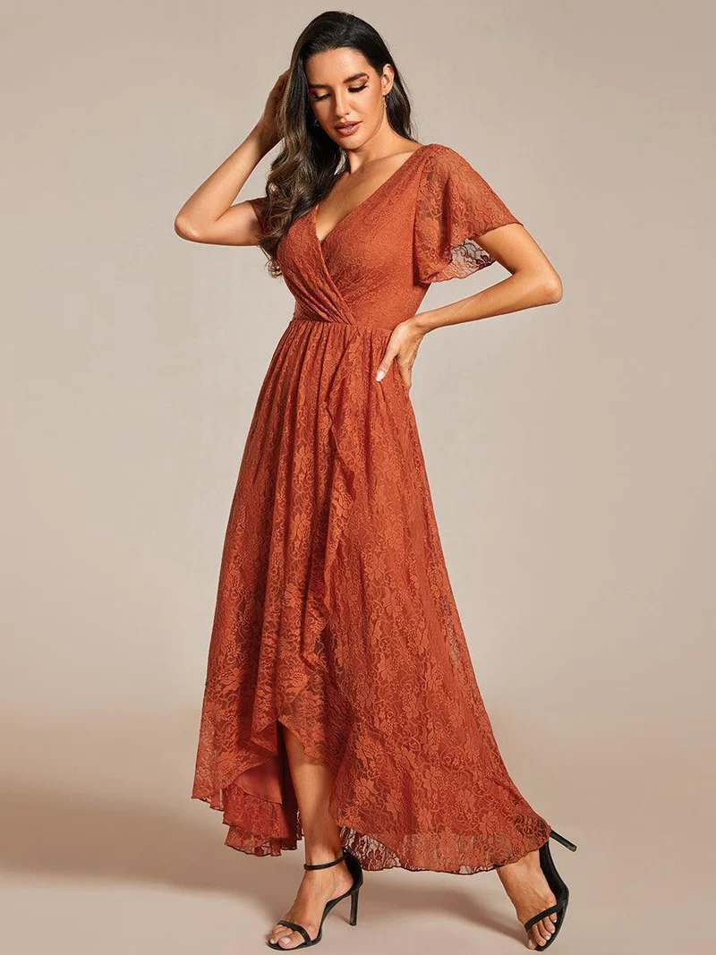 ever ELISE|Robe d'invité en dentelle plissée à manches courtes et col V