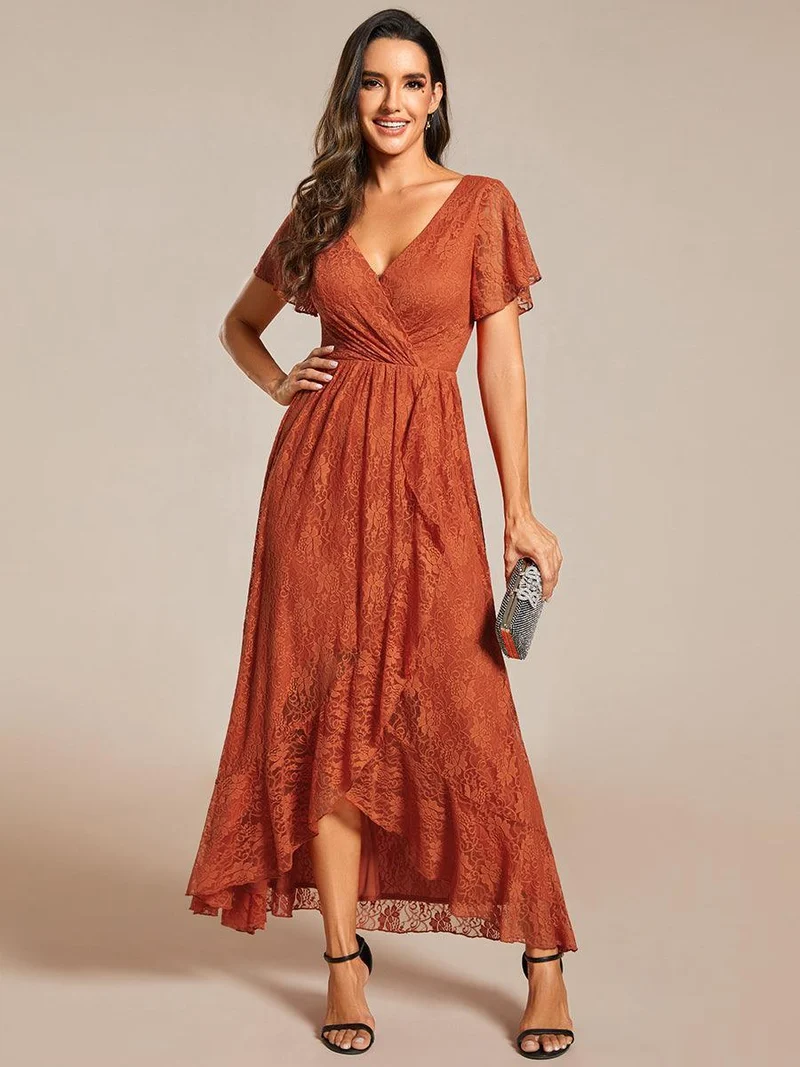 ever ELISE|Robe d'invité en dentelle plissée à manches courtes et col V