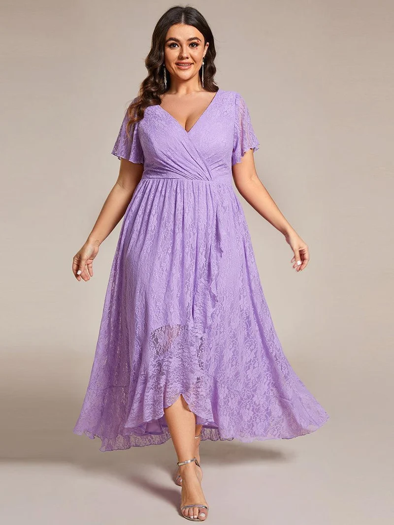 ever ELISE|Robe d'invité en dentelle plissée à manches courtes et col V