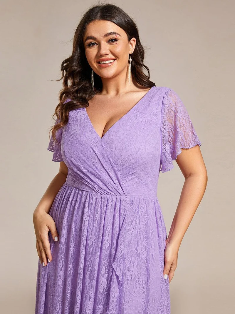 ever ELISE|Robe d'invité en dentelle plissée à manches courtes et col V