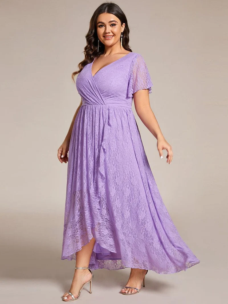 ever ELISE|Robe d'invité en dentelle plissée à manches courtes et col V