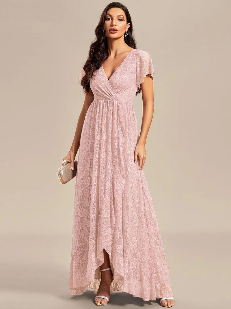 ever ELISE|Robe d'invité en dentelle plissée à manches courtes et col V