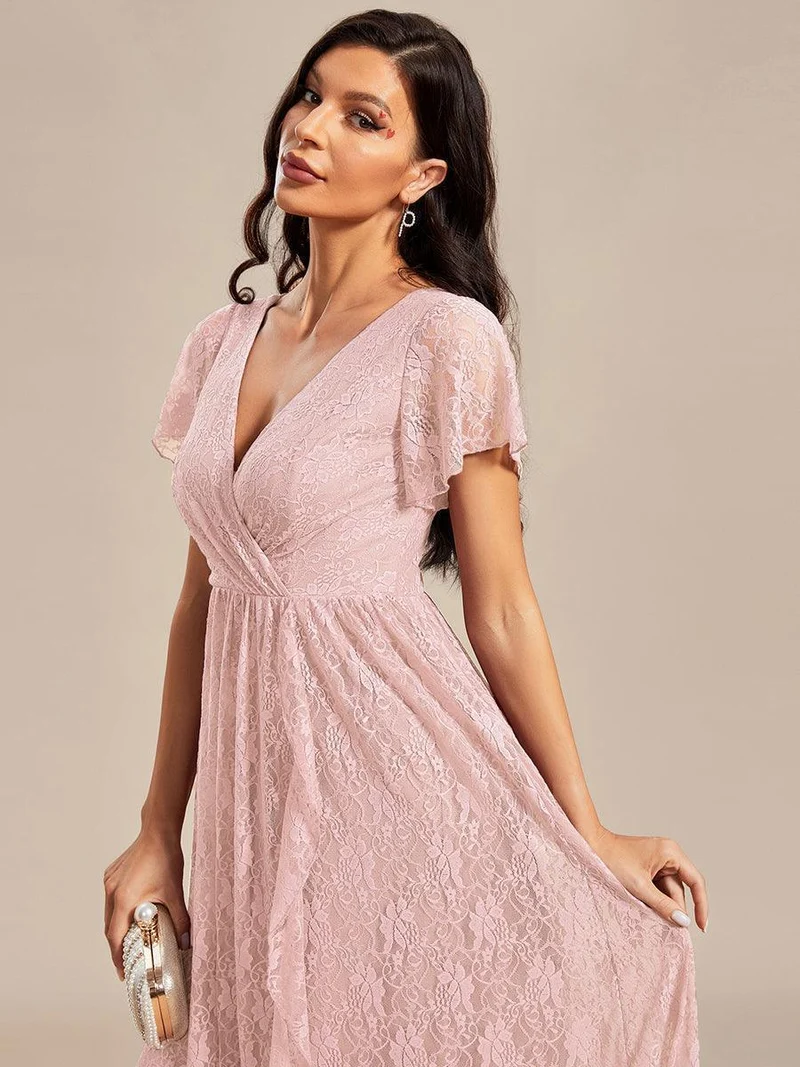 ever ELISE|Robe d'invité en dentelle plissée à manches courtes et col V