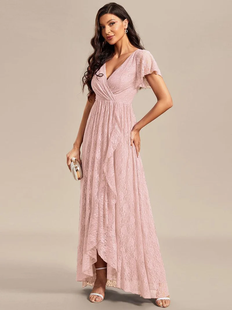 ever ELISE|Robe d'invité en dentelle plissée à manches courtes et col V