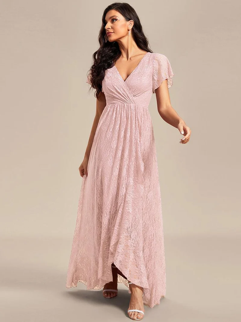 ever ELISE|Robe d'invité en dentelle plissée à manches courtes et col V
