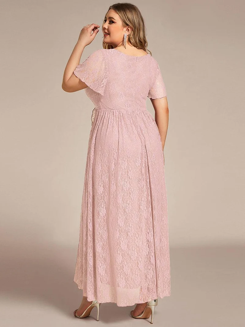 ever ELISE|Robe d'invité en dentelle plissée à manches courtes et col V