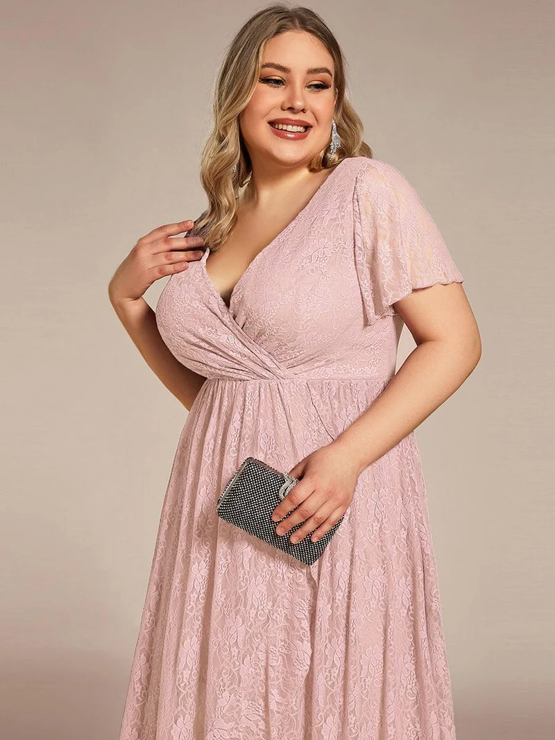 ever ELISE|Robe d'invité en dentelle plissée à manches courtes et col V