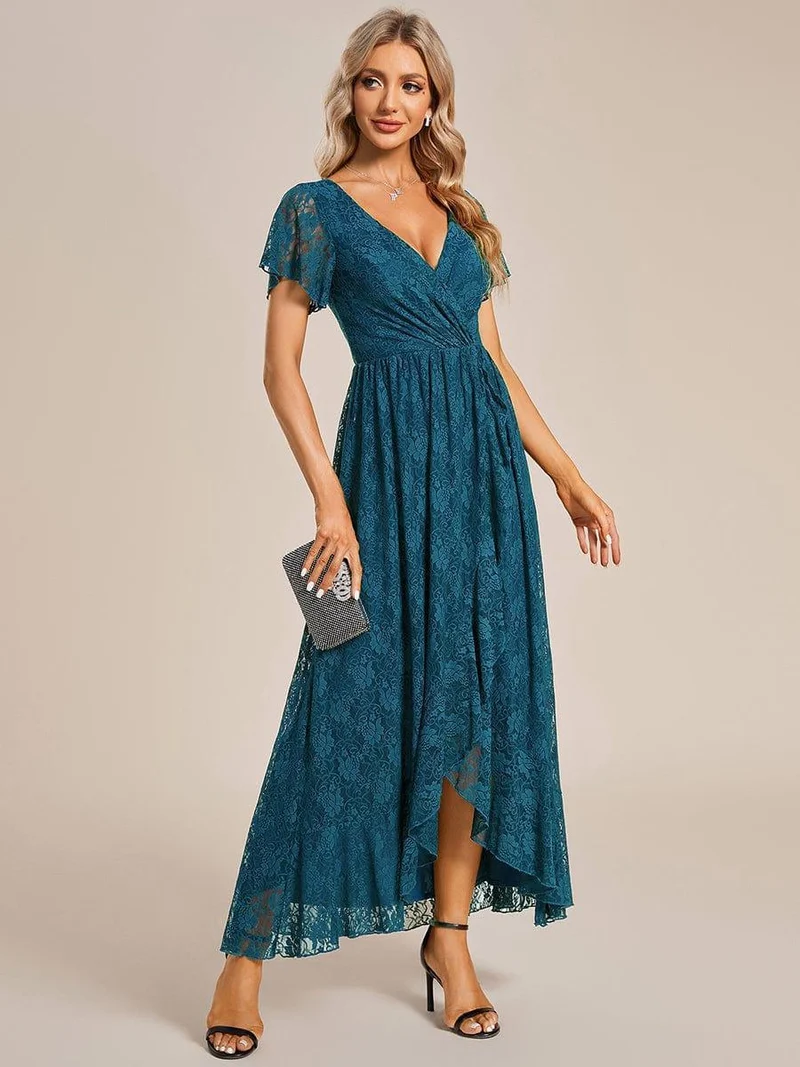 ever ELISE|Robe d'invité en dentelle plissée à manches courtes et col V