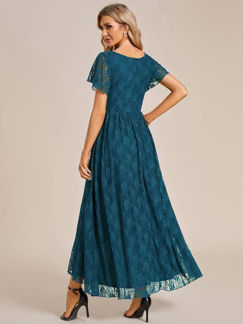 ever ELISE|Robe d'invité en dentelle plissée à manches courtes et col V