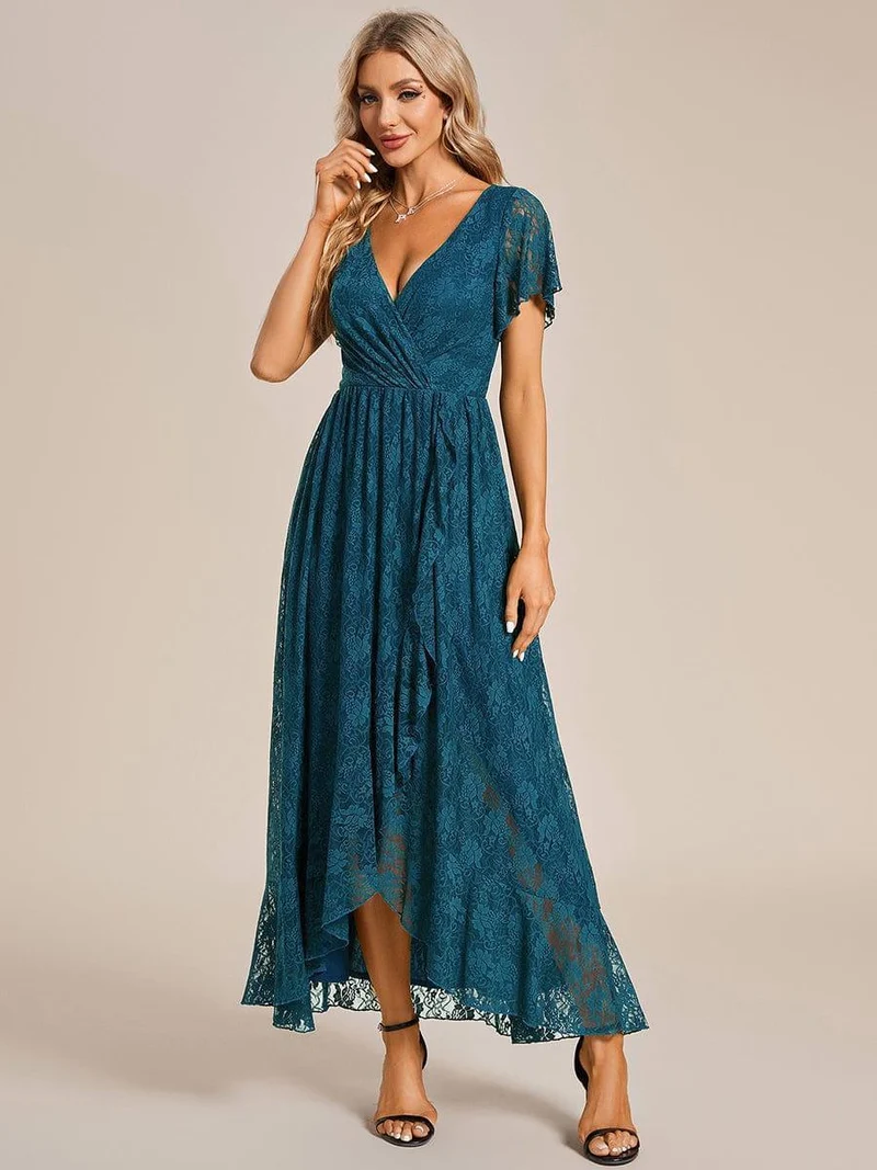 ever ELISE|Robe d'invité en dentelle plissée à manches courtes et col V