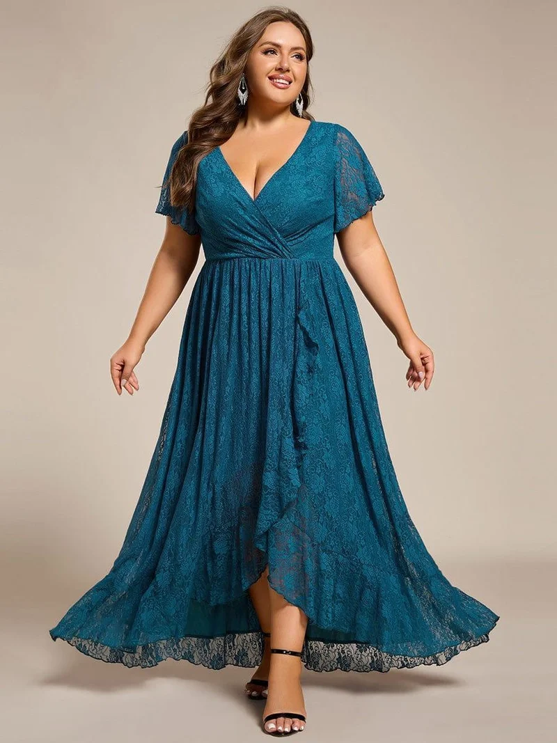 ever ELISE|Robe d'invité en dentelle plissée à manches courtes et col V