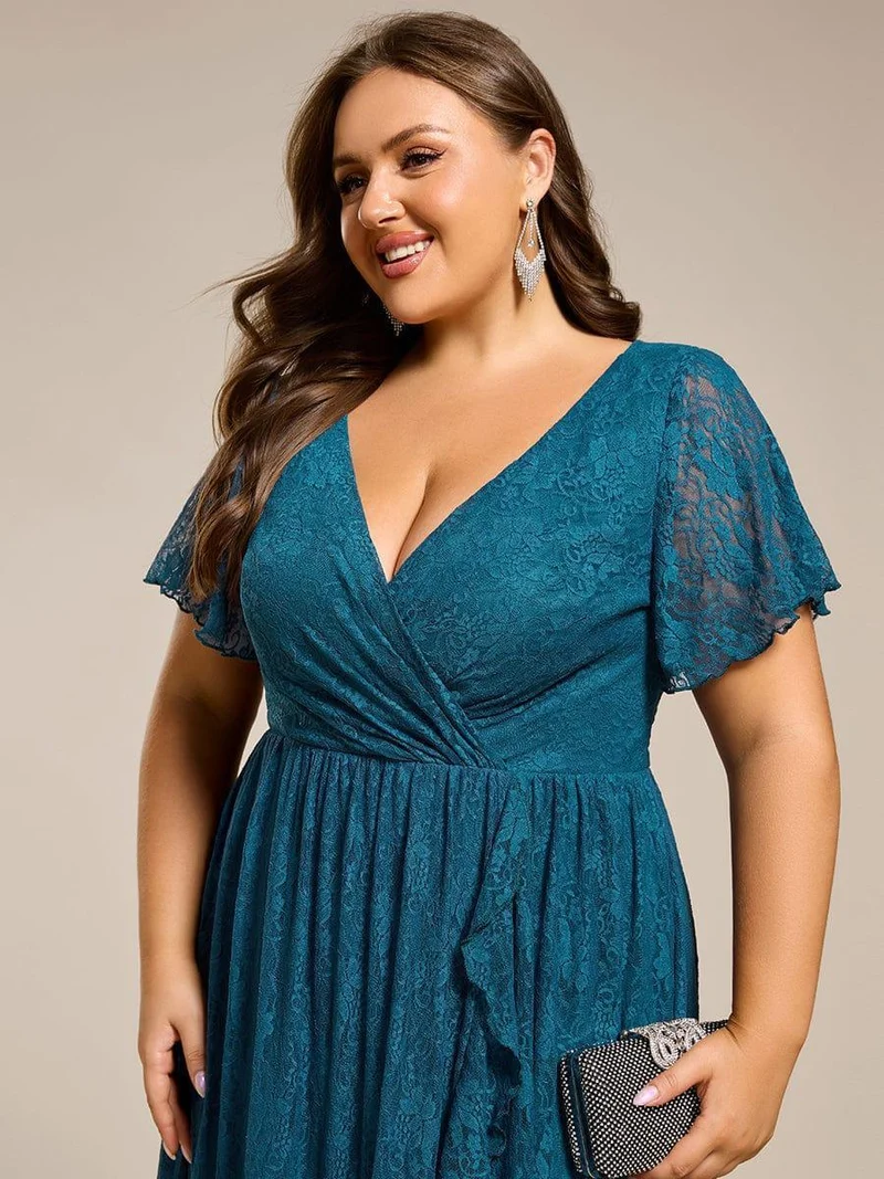 ever ELISE|Robe d'invité en dentelle plissée à manches courtes et col V